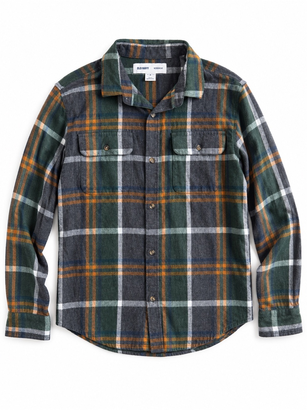 Old Navy Built-In Flex Plaid Flannel Shirt Green Navy Orange XL 14-16